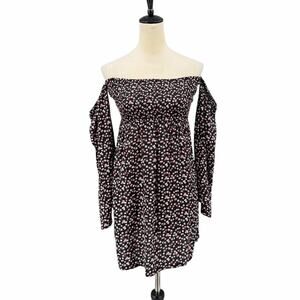 Exist NWT Juniors Black & Pink Floral Smocked Off the Shoulder Flowy Mini Dress